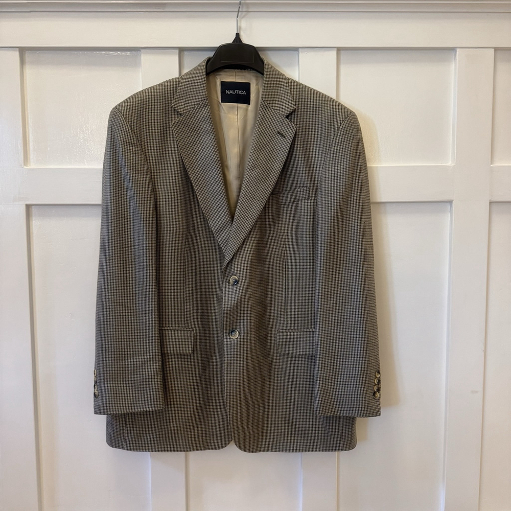 Nautica Mens Size 44R Silk & Wool Houndstooth Sport Coat Blazer Tan Green Brown